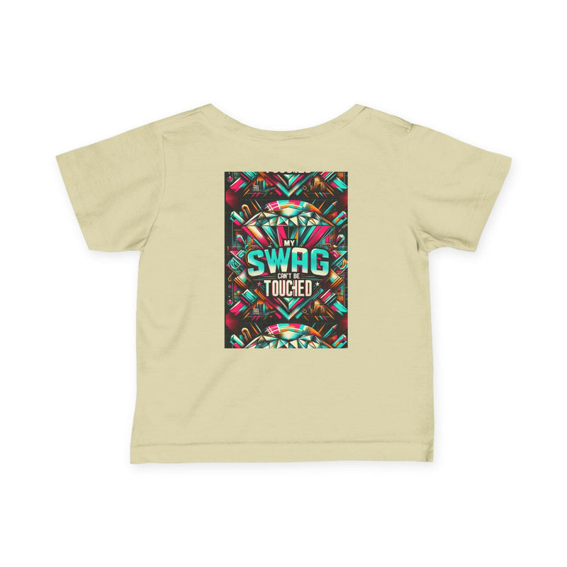 Baby beige fine jersey tee with colorful "My Swag Can't Be Touched" graphic on back, soft cotton blend shirt for infants.