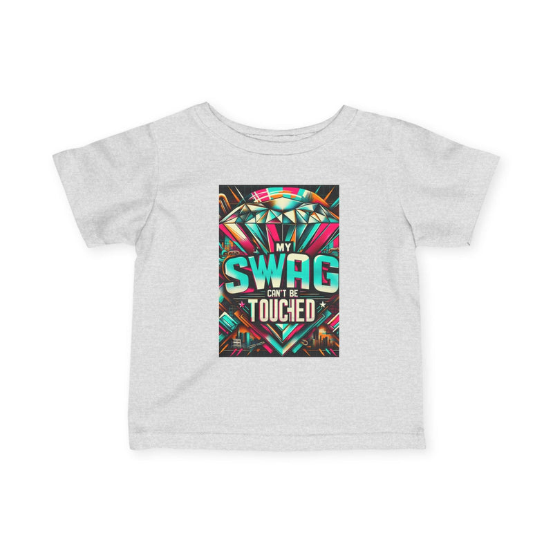 Cool infant fine jersey tee with colorful "My Swag Can't Be Touched" graphic, soft cotton fabric, and classic fit for trendy baby fashion.