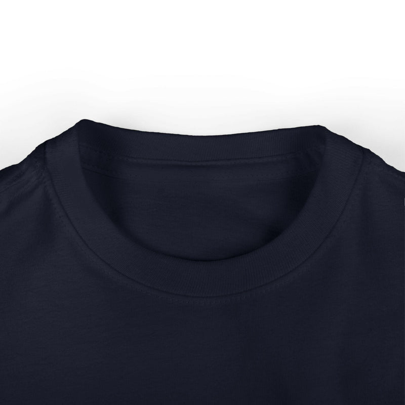 Close-up of navy blue cool infant fine jersey tee neckline with elastic ribbed knit collar and smooth cotton fabric