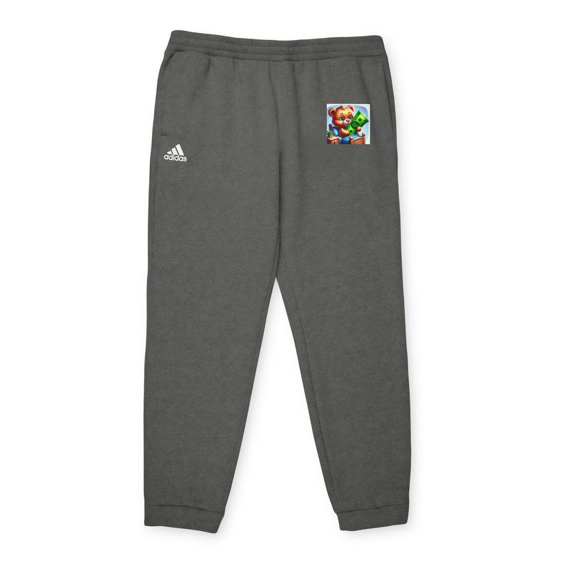 Cozy unisex fleece joggers in dark gray with elastic waistband, cuffed hems, side pockets, and white adidas logo, made from sustainable materials.