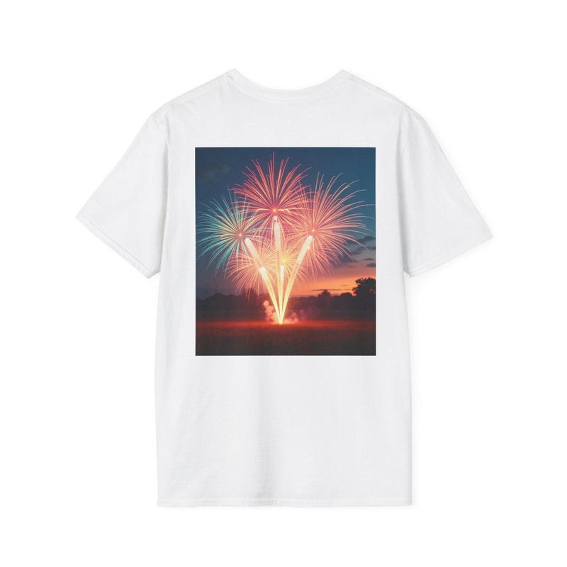 Patriotic shirt featuring vibrant fireworks design, ideal for national celebrations and festive events