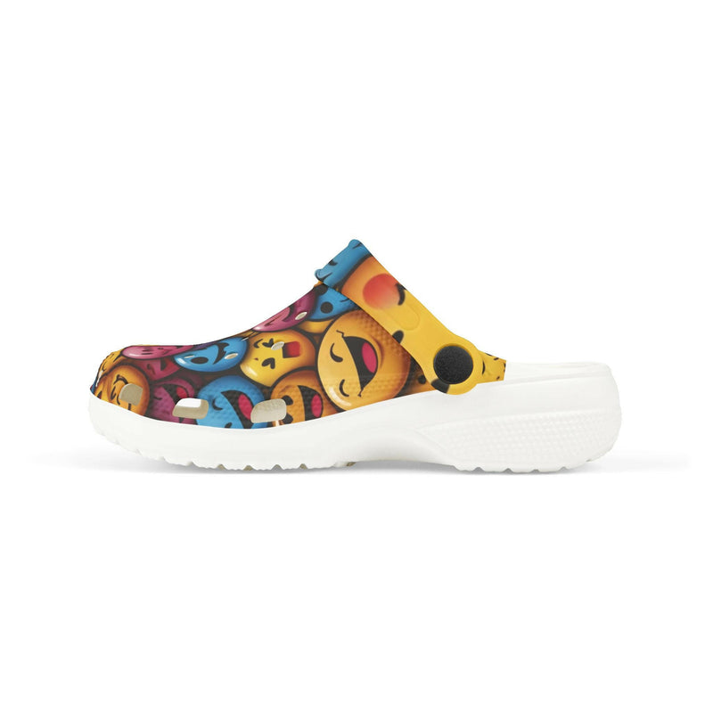 Smiling emoji wearing traditional wooden clogs, symbolizing happiness and cultural footwear fusion.