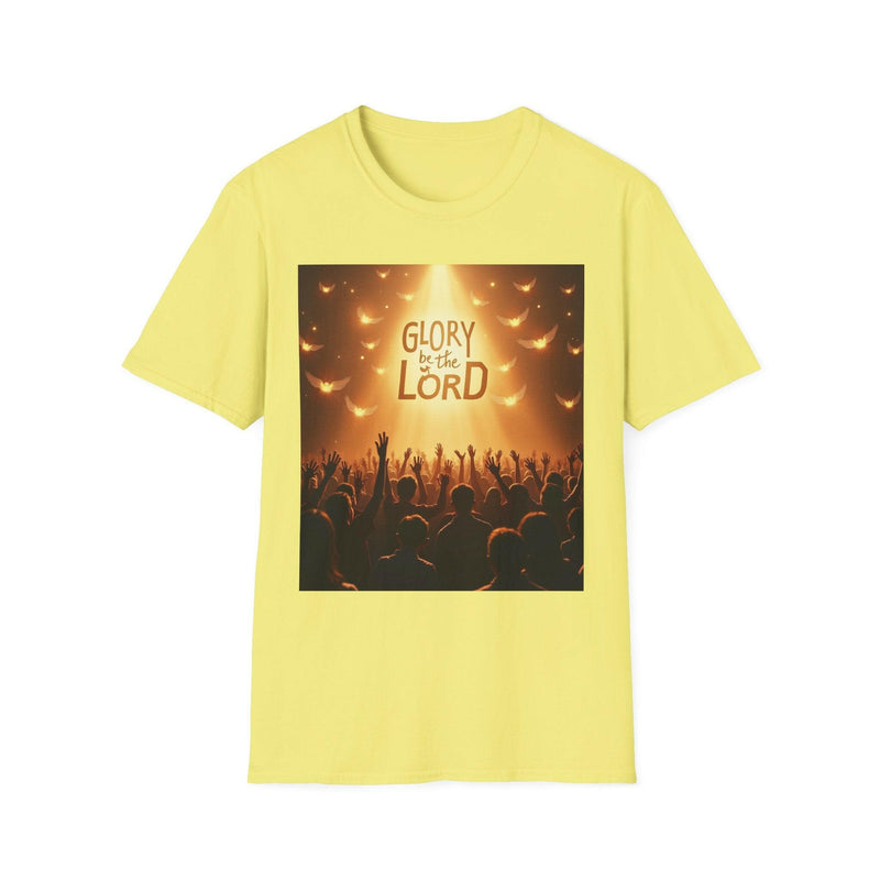 Yellow unisex Softstyle T-shirt with "Glory be to the Lord" inspirational Christian design and worshippers silhouette.