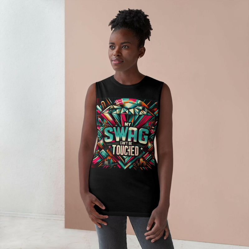 Unisex graphic tank top with colorful diamond design and "My Swag Can't Be Touched" text, casual summer wear.