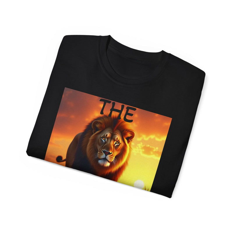 Black unisex ultra cotton tee featuring a vibrant Lion King graphic with a sunset background and bold inspirational design.