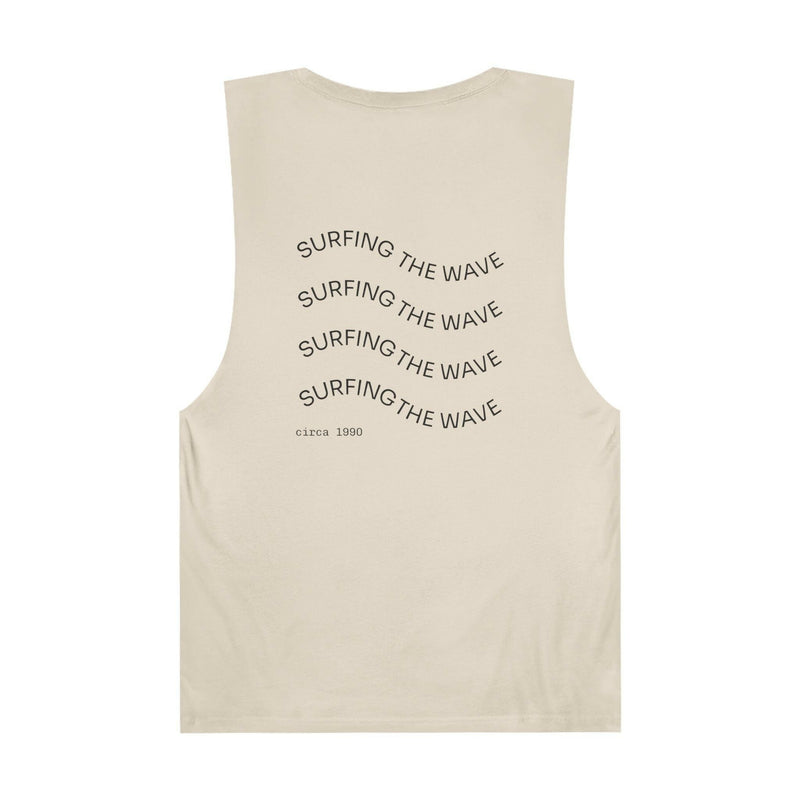 Unisex graphic tank top beige with "Surfing the Wave" text design on back, casual summer beachwear