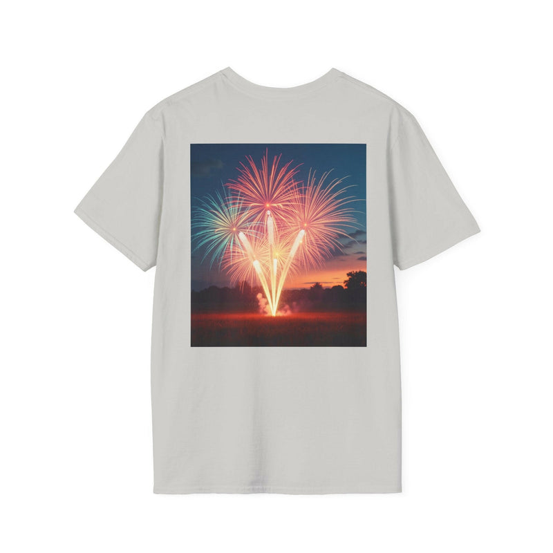 Patriotic shirt featuring vibrant fireworks design, ideal for national celebrations and festive events