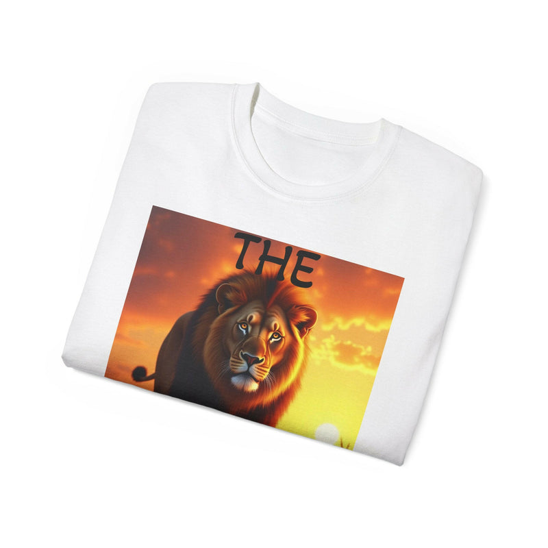 White Lion King Unisex Ultra Cotton Tee featuring a bold lion graphic against a sunset background