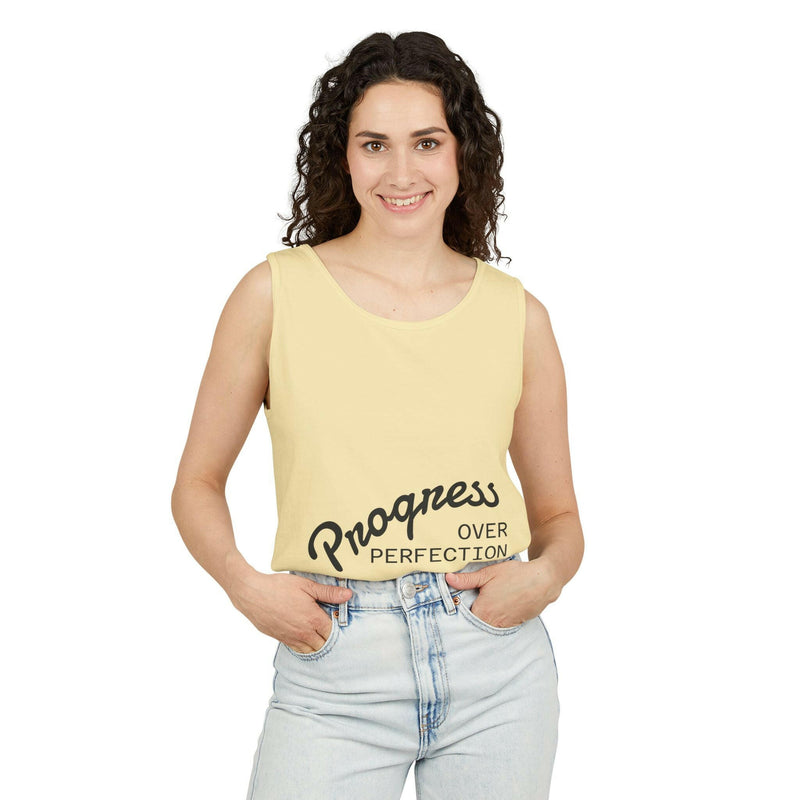 Progress Over Perfection Tank Top, Unisex Inspirational Top, Cute Bear Graphic Tank, Motivational Gift, Casual Summer Wear