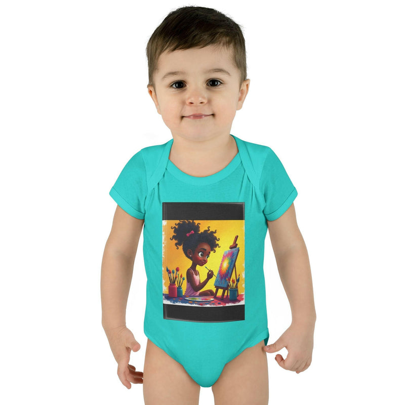 Baby wearing turquoise baby bodysuit with colorful painting illustration on front, comfortable infant romper for positivity and inspiration