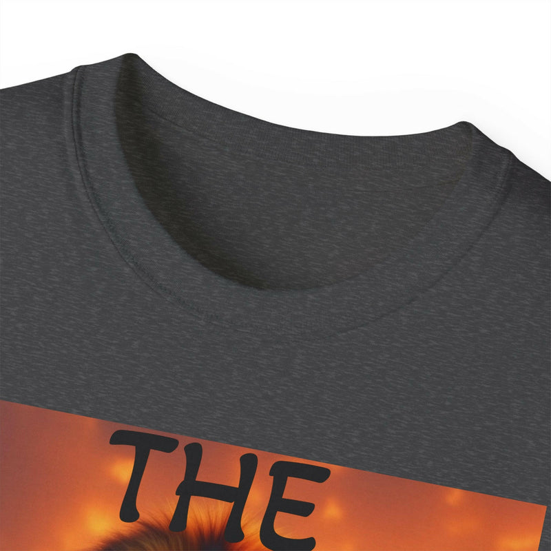 Close-up of the neck and upper chest of a dark gray Lion King Unisex Ultra Cotton Tee with bold inspirational graphic design.