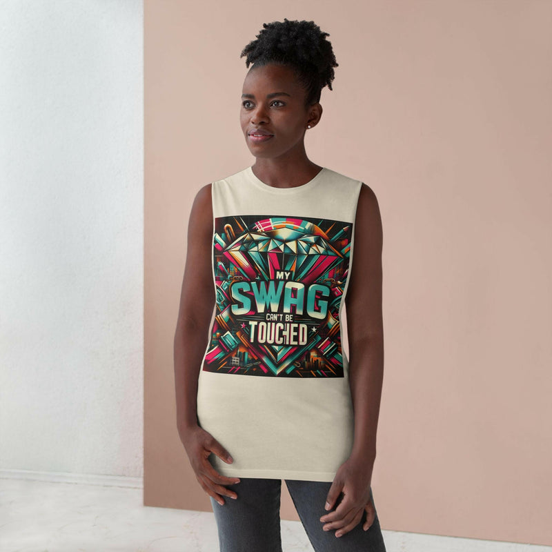 Unisex graphic tank top with colorful "My Swag Can't Be Touched" design, sleeveless summer casual wear for beach and festivals