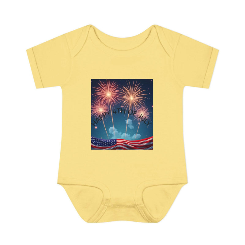 Independence Day baby bodysuit featuring patriotic design ideal for newborn celebrations and festive attire