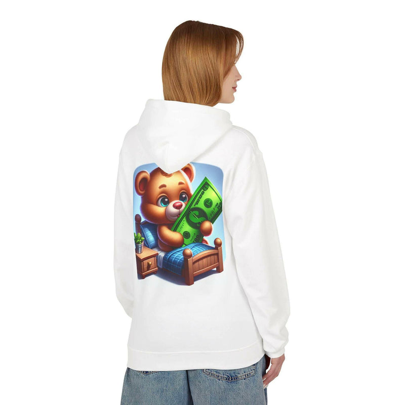 Unisex white Built Differently Blessing hoodie with colorful teddy bear holding dollar bill graphic on back, soft fleece pullover sweatshirt.