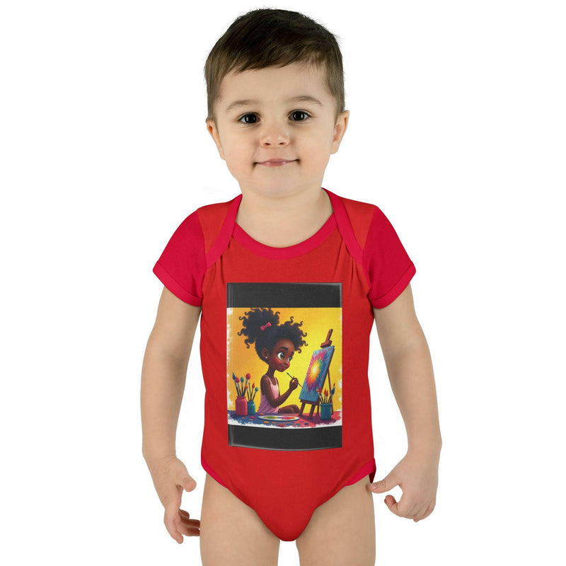Red baby bodysuit with artistic child painting design, comfortable unisex infant romper for positivity and everyday wear.