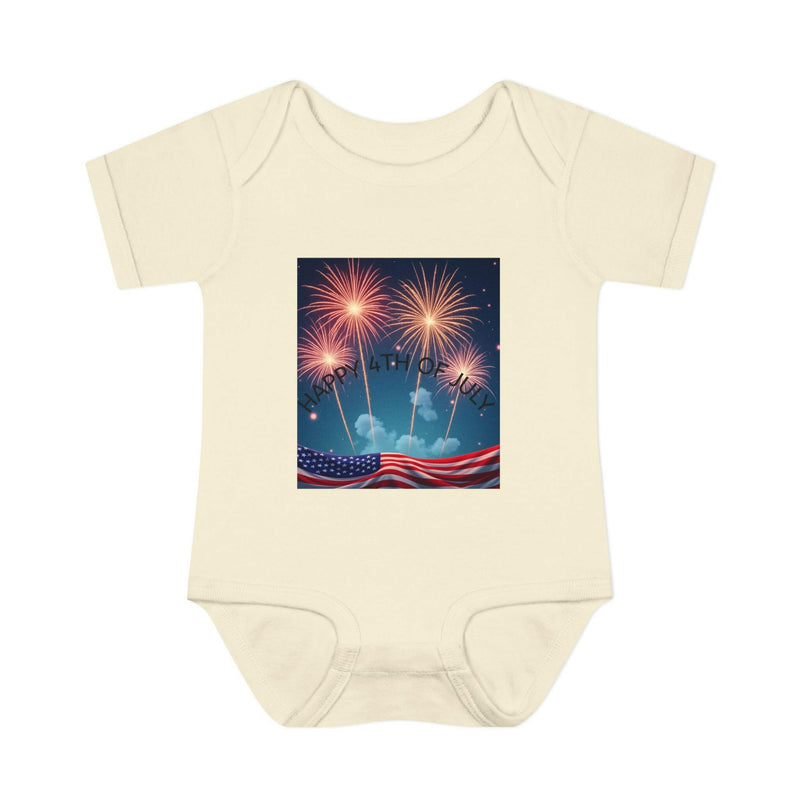 Independence Day baby bodysuit featuring patriotic design ideal for newborn celebrations and festive attire