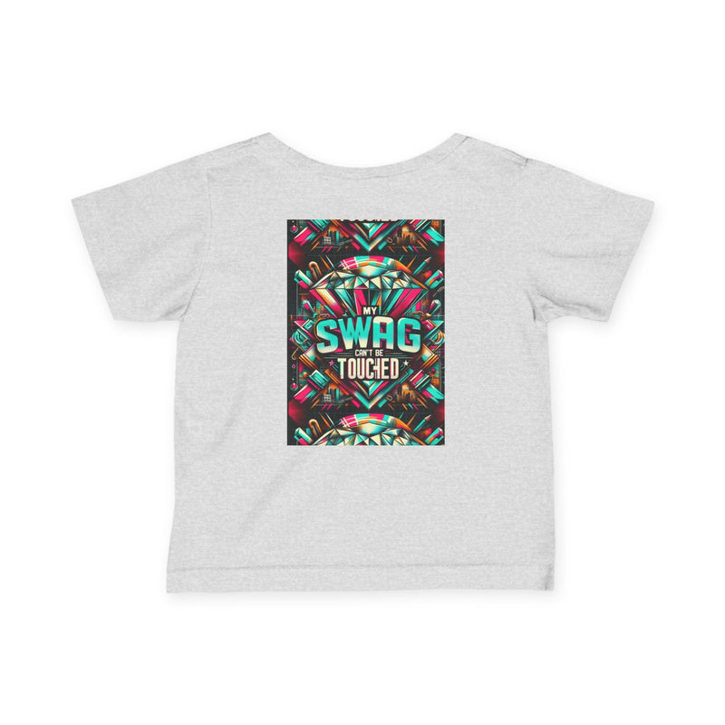 Cool Infant Fine Jersey Tee with vibrant "My Swag Can't Be Touched" graphic, soft cotton fabric, and classic fit for trendy babies.