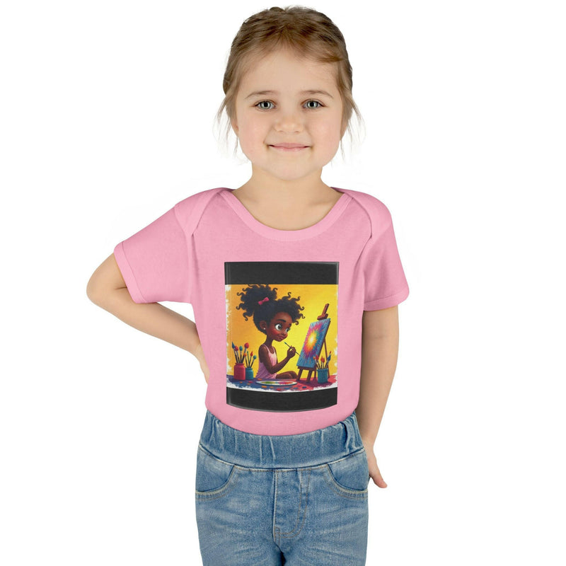 Pink baby bodysuit with inspirational painting girl design, comfortable and unisex infant romper.