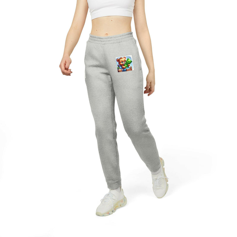 Cozy unisex fleece joggers in gray with elastic waistband, cuffed hems, and side pockets, ideal for loungewear and casual outings