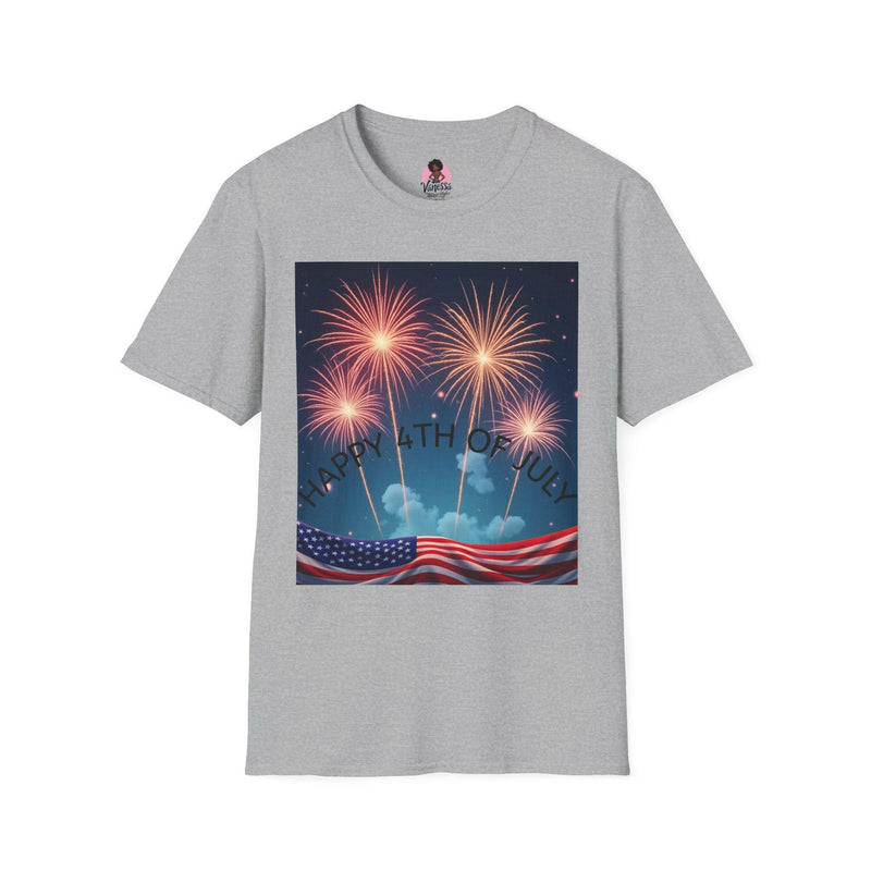 Patriotic shirt featuring vibrant fireworks design, ideal for national celebrations and festive events