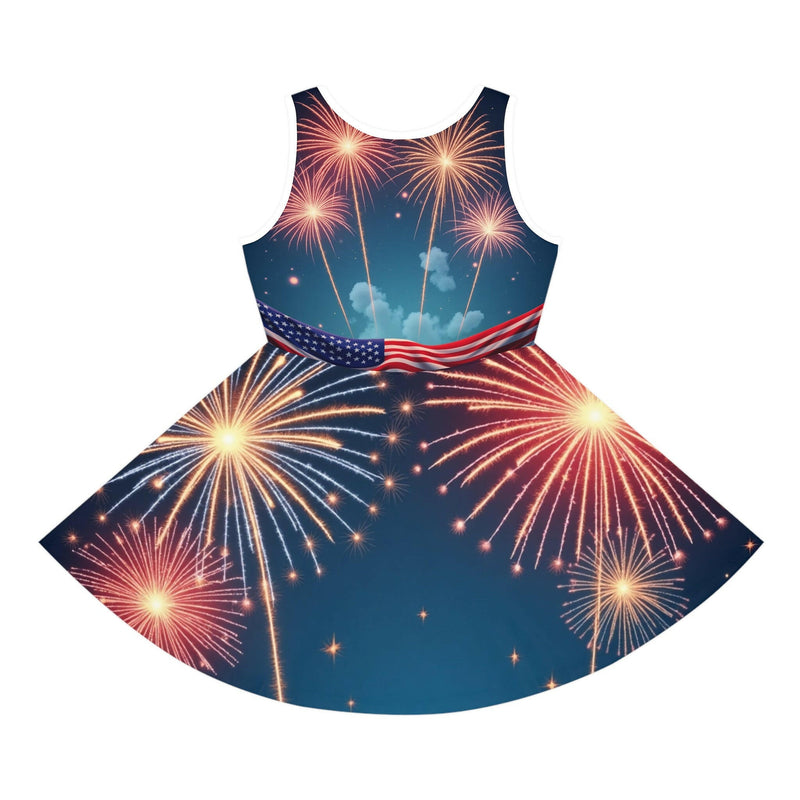 Happy 4th of July celebration with girls' sundress featuring patriotic red, white, and blue colors