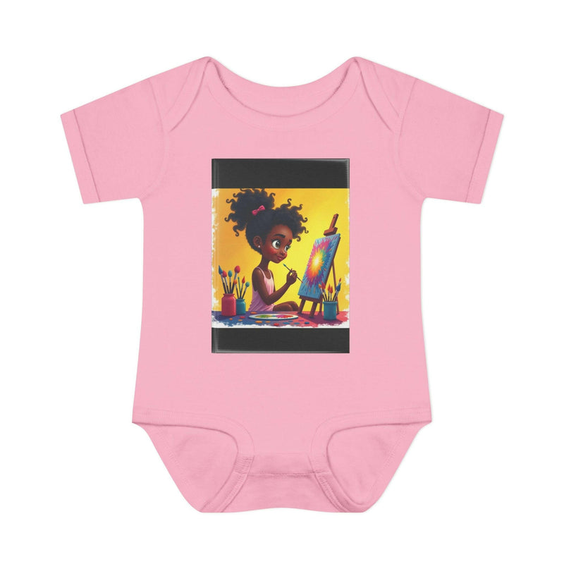 Pink baby bodysuit with a colorful illustration of a toddler painting on an easel, made from soft cotton for comfort and easy dressing.