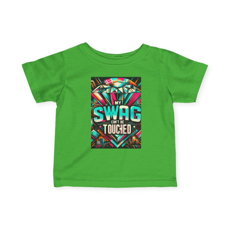 Green infant fine jersey tee with colorful "My Swag Can't Be Touched" graphic print, trendy baby shirt for playtime and casual wear