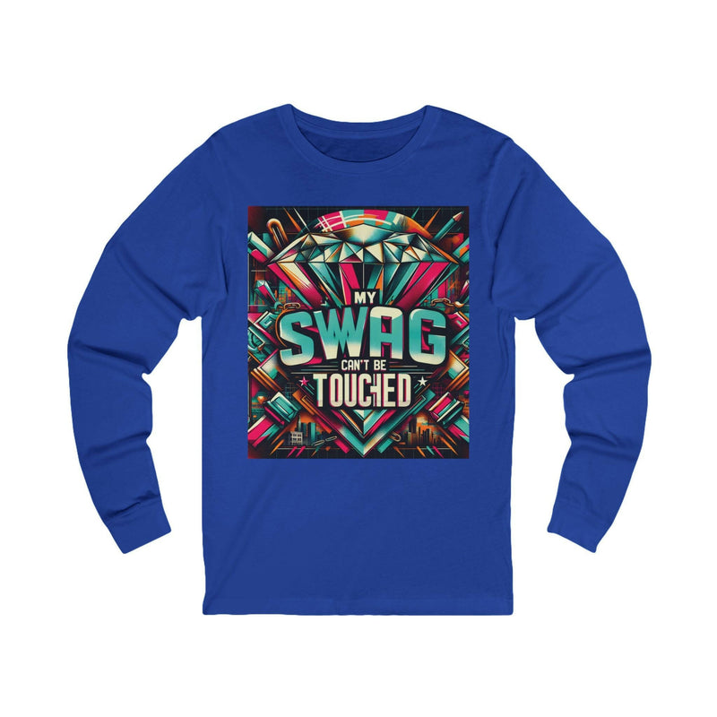 Blue unisex Swag Long Sleeve Tee with colorful graphic and "My Swag Can't Be Touched" text design