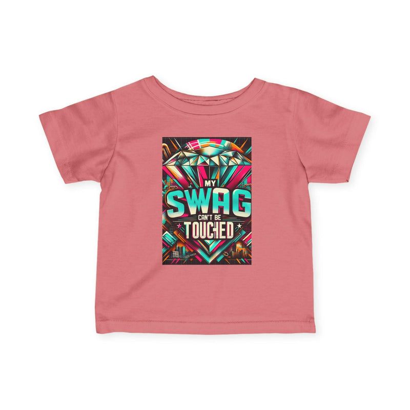 Cool Infant Fine Jersey Tee in pink with colorful "My Swag Can't Be Touched" graphic print, soft cotton fabric, casual baby shirt for playtime and outings