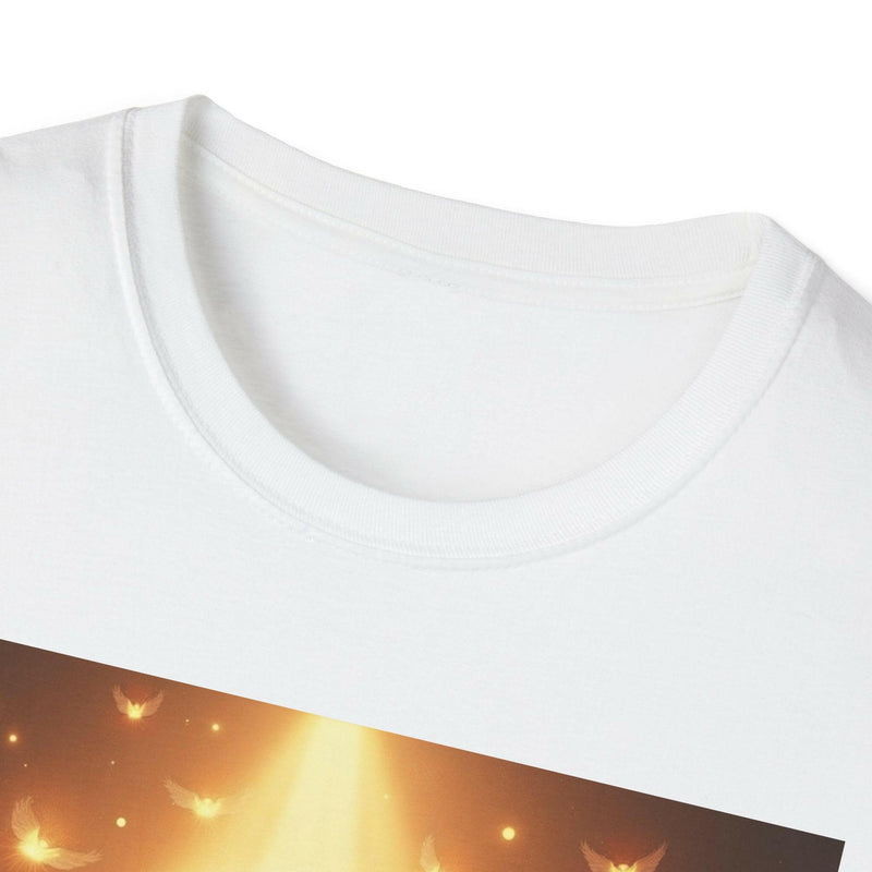 White unisex Softstyle T-shirt with inspirational "Glory Be to the Lord" Christian design and ribbed knit collar.