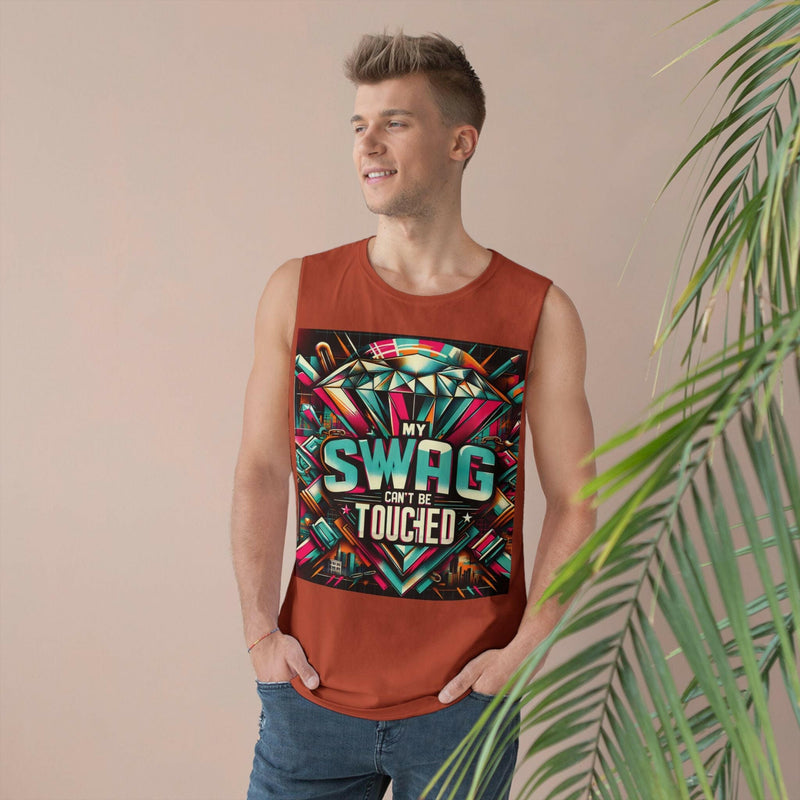 Man wearing rust-colored unisex graphic tank top with colorful "My Swag Can't Be Touched" design, casual summer style.