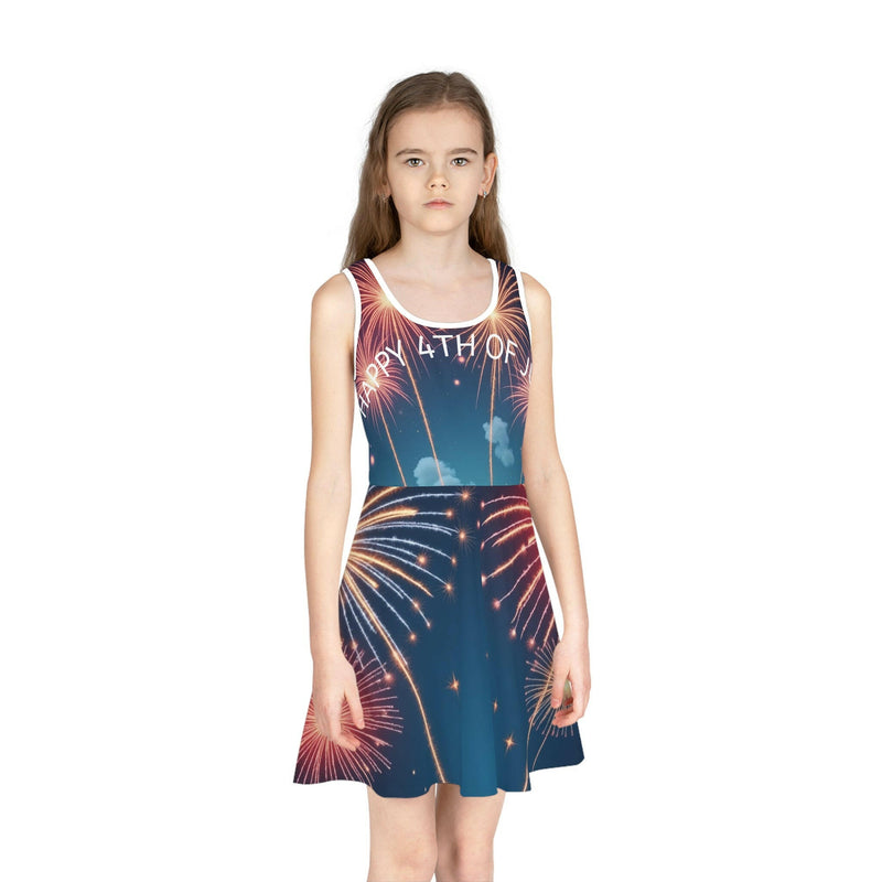 Happy 4th of July celebration with girls' sundress featuring patriotic red, white, and blue colors