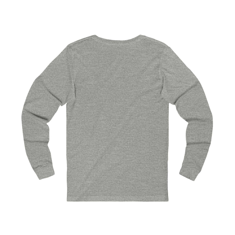 Back view of a grey unisex Swag Long Sleeve Tee made from soft jersey fabric with ribbed collar and durable side seams.