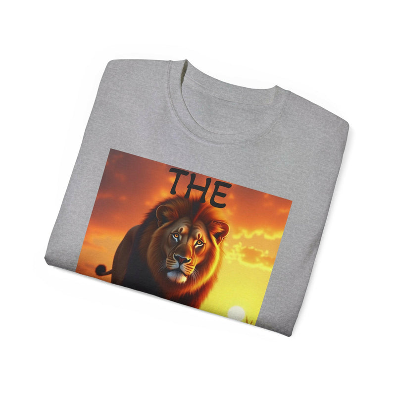 Gray Lion King Unisex Ultra Cotton Tee with vibrant lion graphic and sunset background, casual and comfortable style