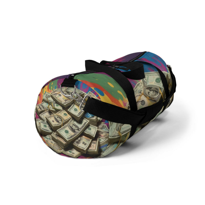 Vibrant Money duffel bag showcasing durable design and vibrant colors, ideal for stylish travel and daily use.