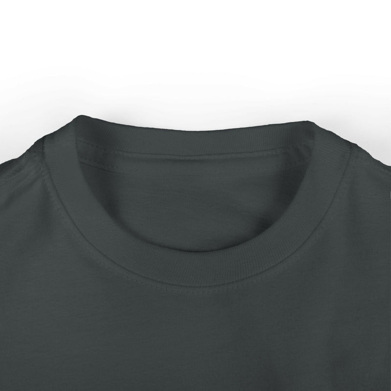 Close-up of a black cool infant fine jersey tee with ribbed knit collar and smooth fabric