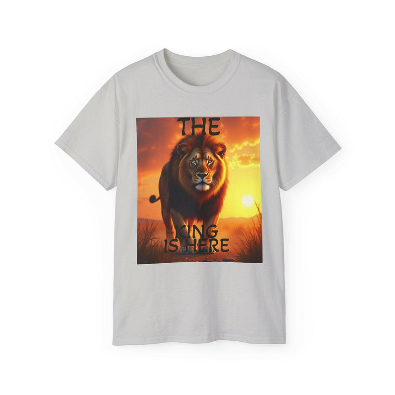 Unisex ultra cotton tee with bold Lion King graphic and inspirational text The King Is Here against sunset background