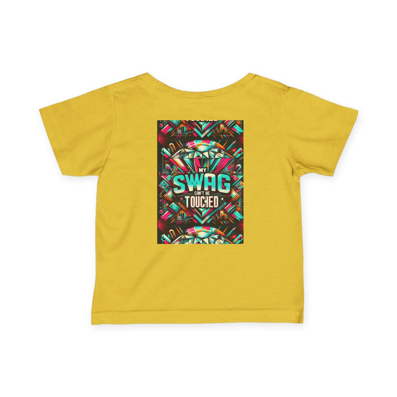 Yellow infant jersey tee with colorful "My Swag Can't Be Touched" graphic design on the back, trendy baby shirt for playtime and casual wear