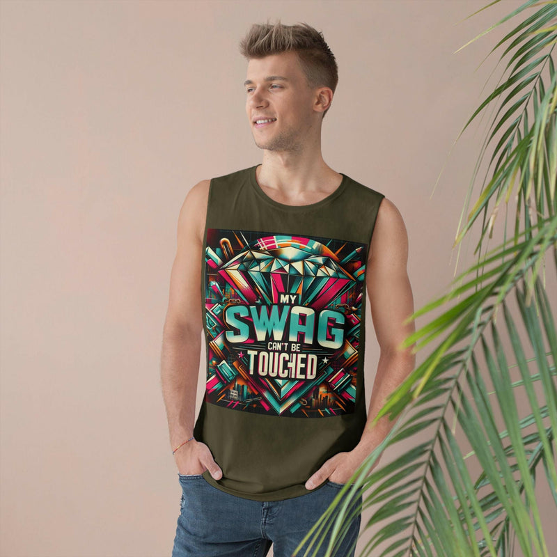 Unisex graphic tank top with colorful "My Swag Can't Be Touched" design, casual summer wear, sleeveless workout and festival apparel, lightweight and stylish.
