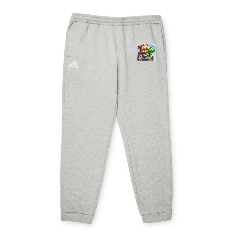 Cozy unisex fleece joggers in light grey with elastic waistband, cuffed hems, side and back pockets, and white adidas logo.