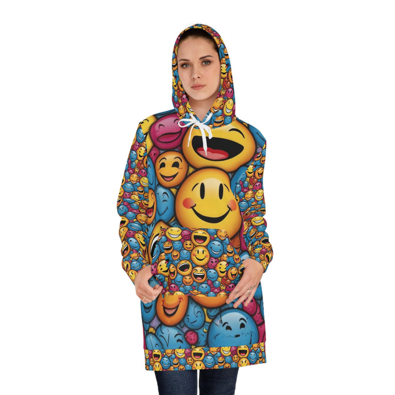 Colorful Emoji Women's Hoodie Dress, Fun and Cozy Outfit, Casual Wear, Gift for Her, Festival Attire, Everyday Comfort