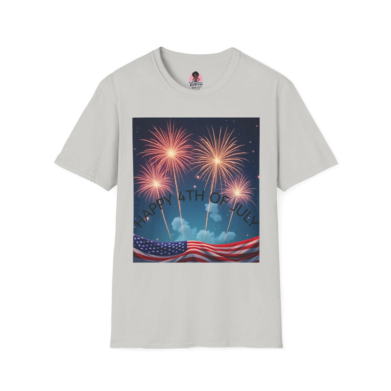 Patriotic shirt featuring vibrant fireworks design, ideal for national celebrations and festive events