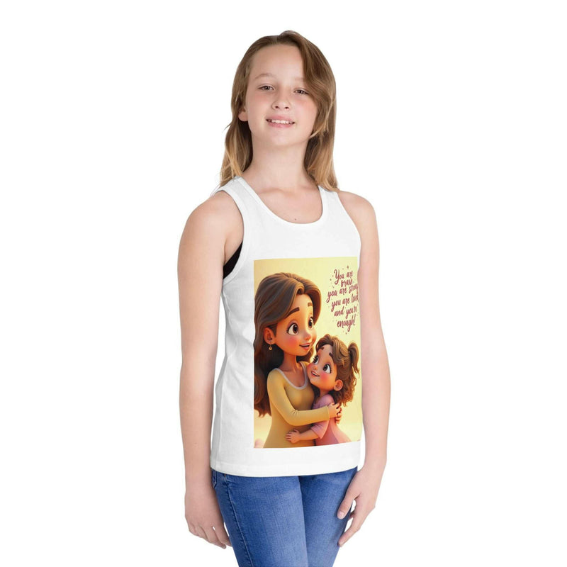 Inspirational Kid's Jersey Tank Top with a positive affirmation and cartoon mother and child design, worn by a smiling girl in blue jeans