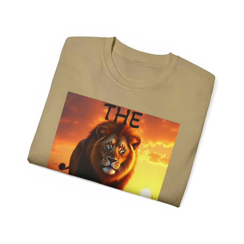 Lion King Unisex Ultra Cotton Tee featuring a bold lion graphic against a sunset background on a beige cotton shirt