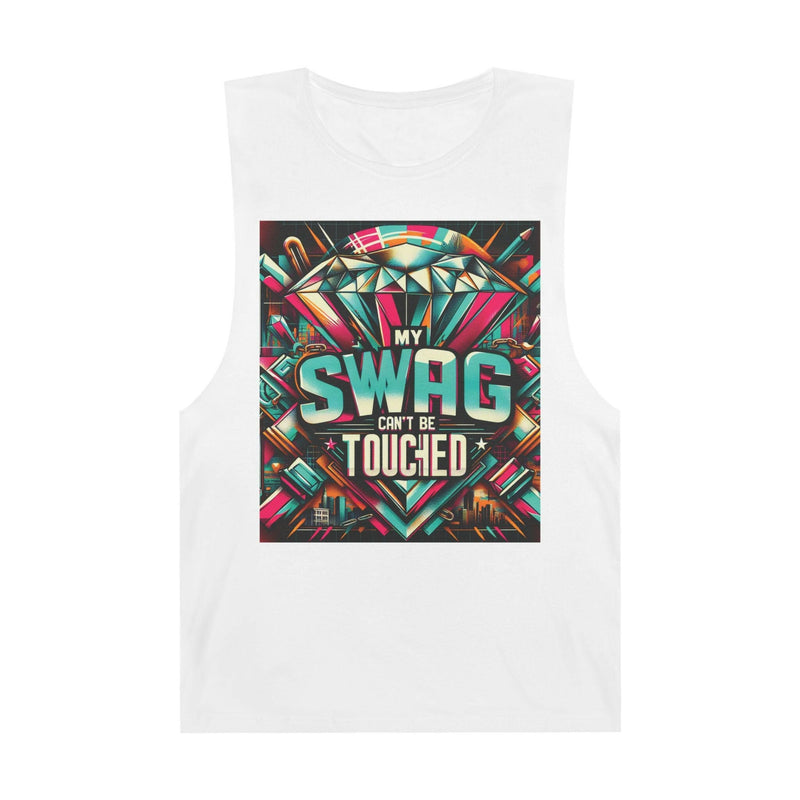 White unisex graphic tank top with colorful "My Swag Can't Be Touched" design, stylish casual summer wear.