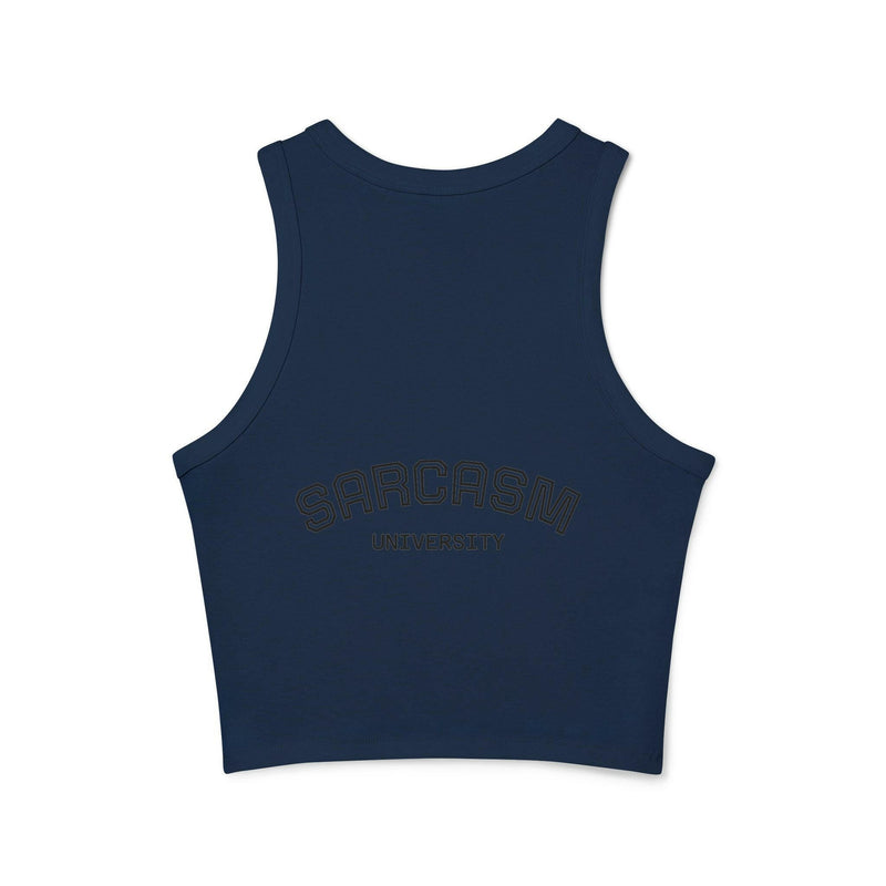 Graphic Racer Tank Top featuring Sarcasm University design, perfect casual wear for sarcasm enthusiasts and graphic tee lovers.