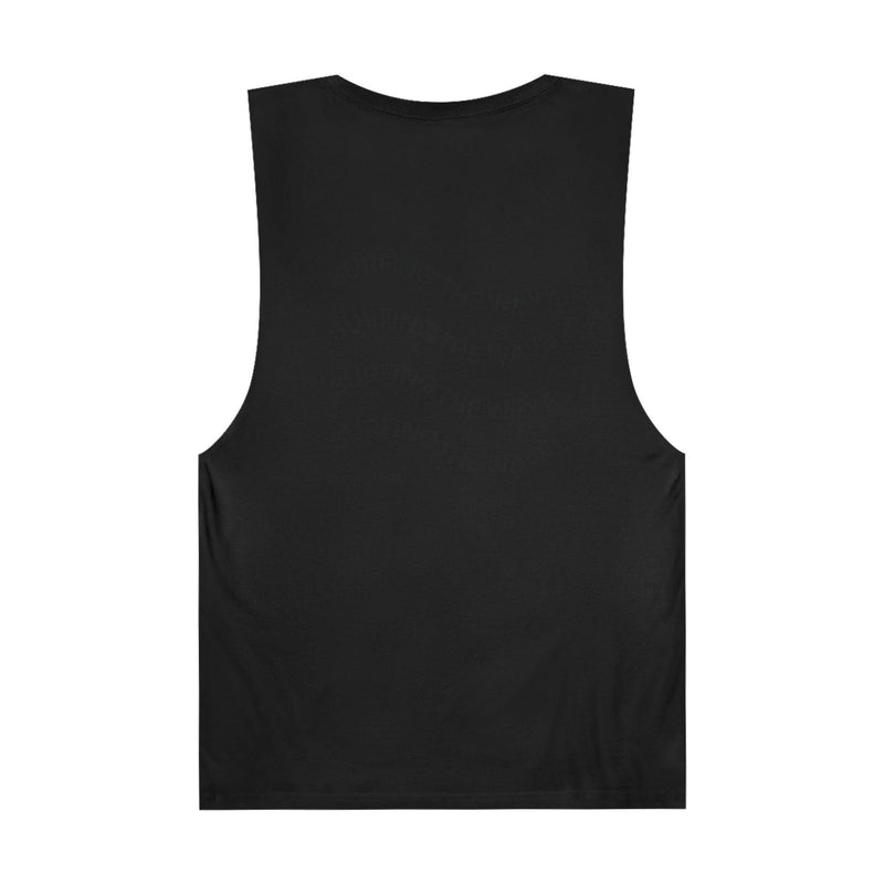 Black unisex graphic tank top with raw edge cut-off sleeves and elastic ribbed collar, perfect for casual summer wear and festivals.