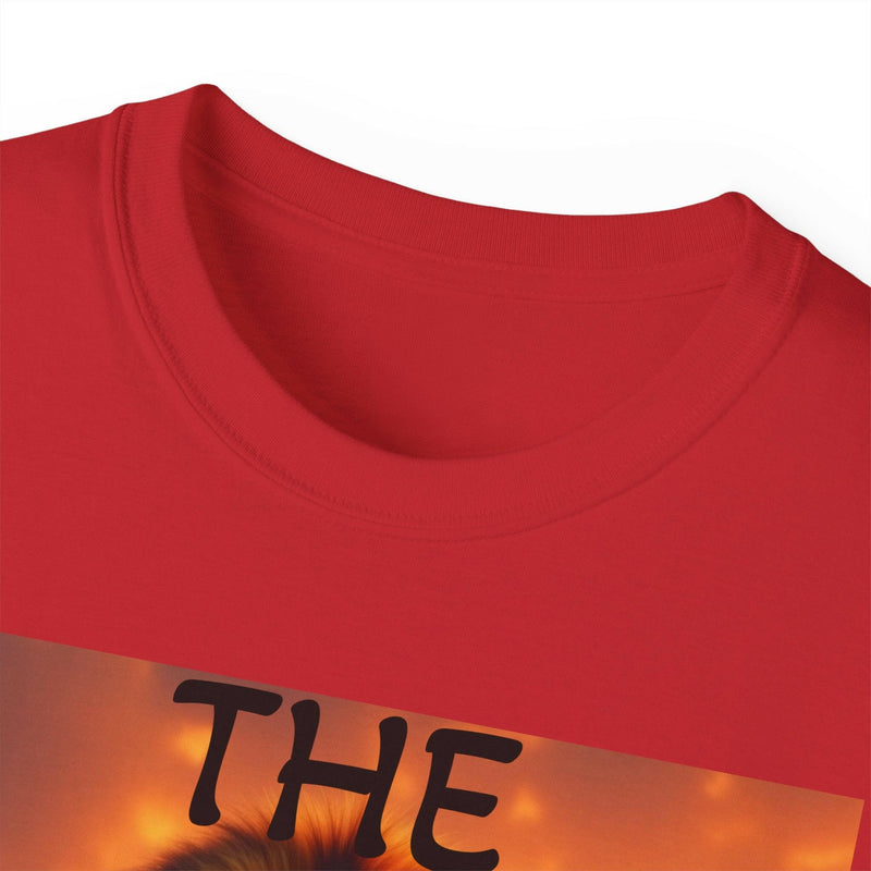 Close-up of red Lion King Unisex Ultra Cotton Tee with bold inspirational graphic and ribbed collar