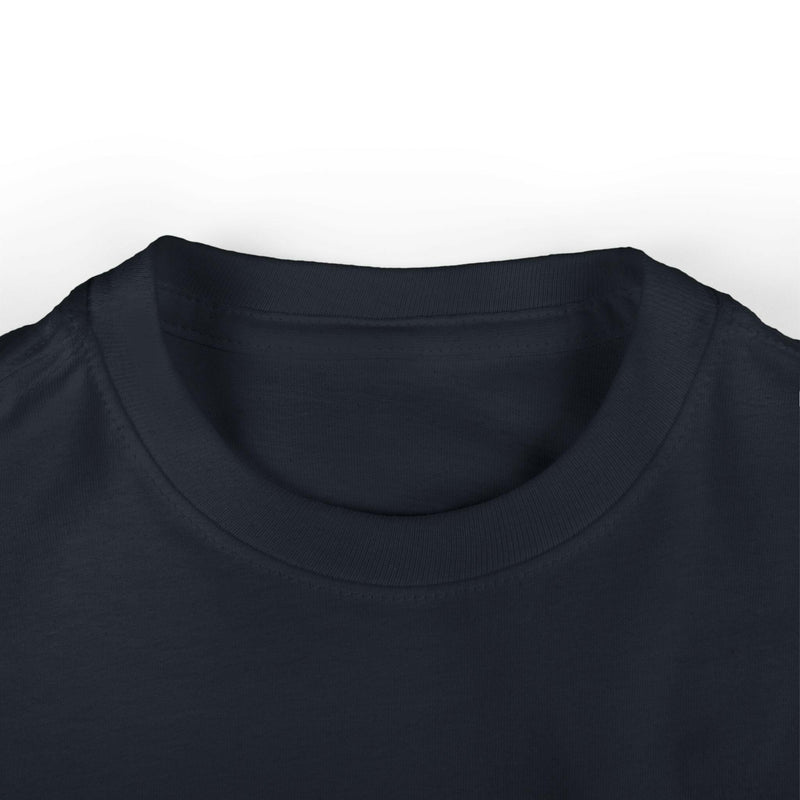 Close-up of a black cool infant fine jersey tee neckline with ribbed knit collar and smooth fabric