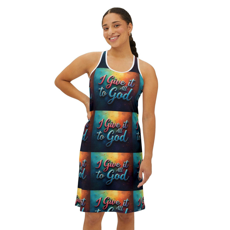 Inspirational women's racerback dress with faith-based "I Give It All to God" design, vibrant colors, high cut neckline, and comfortable fit perfect for casual summer wear and spiritual fashion.